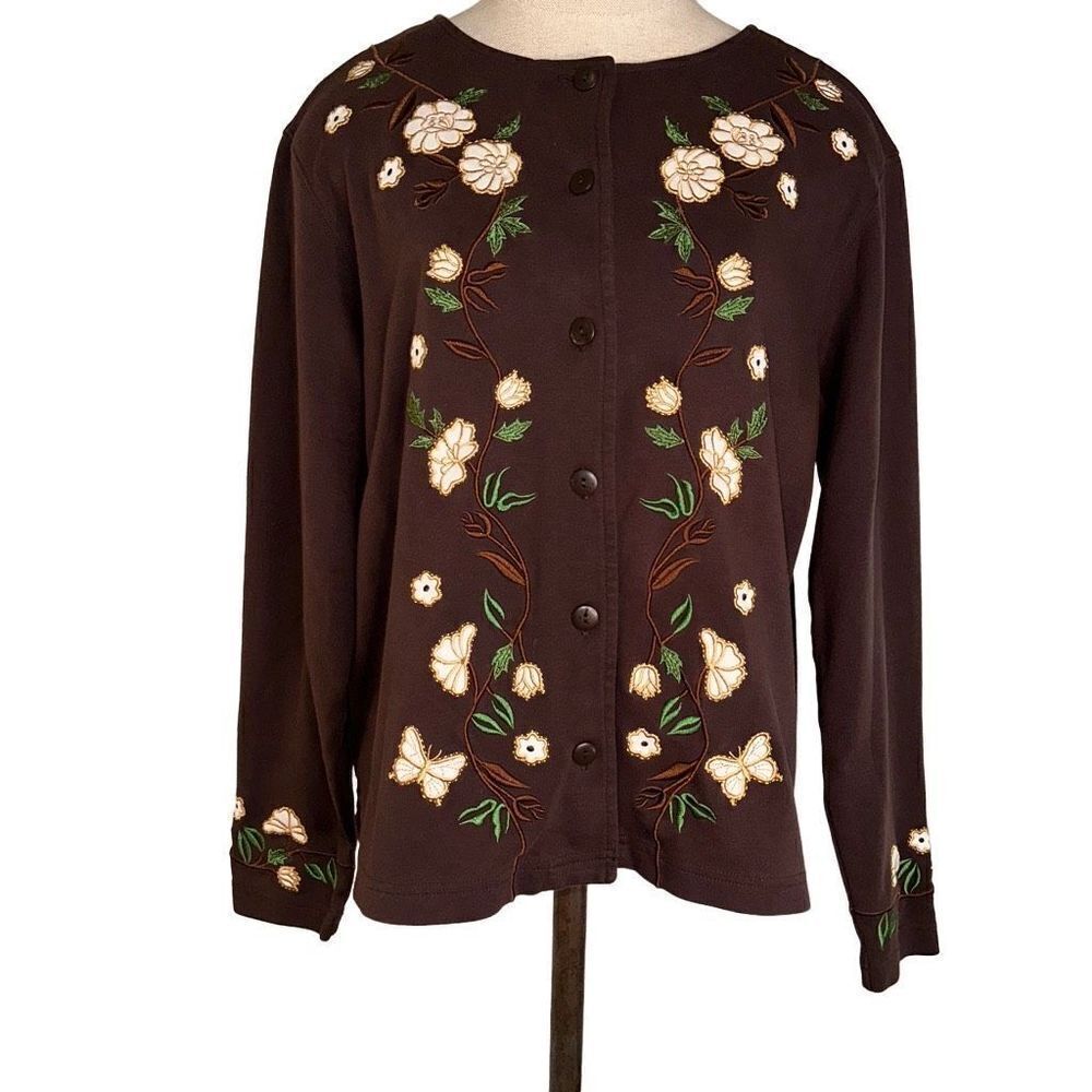 Vintage Bechamel Brown‎ Floral Embroidered Cardigan Womens Fairycore Grannycore